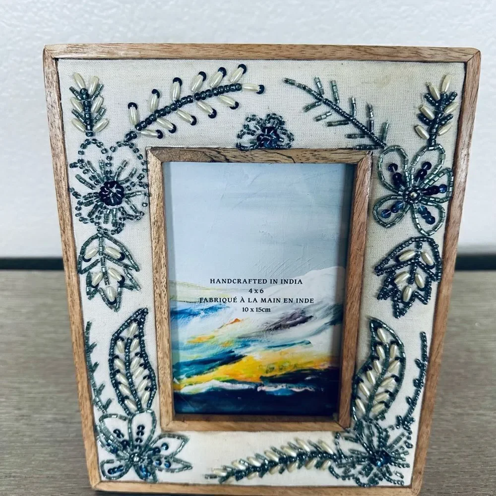 Boho Floral Beaded Fabric Indian Wood Picture Frame 4x6